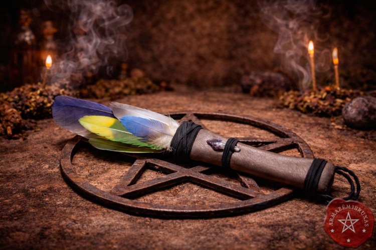 Abanilho Xamânico | Penas de Araracanga e Cristal Ametista